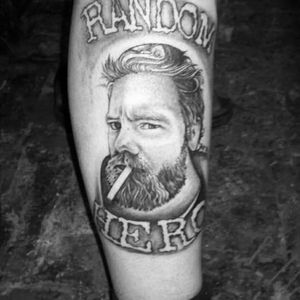 RIP Random Hero. This is on CKY alum Brandon Novak's leg. By Brannan Clift (via IG -- dreamersinkllc) #BrannanClift #ryandunn #ryandunntattoo #jackass #cky