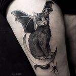 Blackwork vampire cat tattoo by Ryan Murray. #RyanMurray #blackwork #dark #macabre #blackveilstudio #cat #vampire