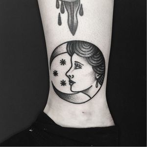 Moon tattoo by Solly Rose #SollyRose #blacktraditional #moon #blackwork #dotwork #stars #woman