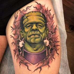 Frankensteins Monster Tattoo by Ebony Mellowship #EbonyMellowship #color #neotraditional #newtraditional #movietattoo #frankenstein #franksteinsmonster #monster #zombie #undead #electricity #lightning #horror #tattoooftheday