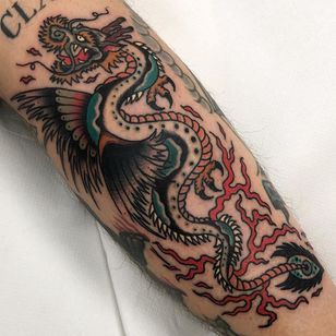 Tattoo by Gianluca Artico #GianlucaArtico #dragontattoos #Japanese #traditional #mashup #dragon #color #wings #mythicalcreature #myth #legend #fire