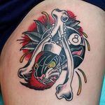 Magic 8-ball tattoo by Jay Gates #JayGates #lucky #8balltattoo #chickenbone #rabbitsfoot #traditional #magic8ball #8ball #goodluck #goodlucktattoo