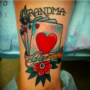 Cool traditional playing card piece by Brett at King of the Bay Tattoo @brogow @kingofthebaytattoo #Kingofthebaytattoo #Grandma #Grandmother #GrandmaTattoos #traditional #oldschool #cards