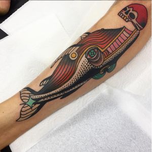 One of Deno's (IG—denotattoo) signature whale tattoos with a skull. #Deno #streetart #surreal #traditional #trippy #whale