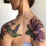 Neo traditional hummingbird and magnolia tattoo by D'Lacie Jeanne. #flower #floral #botanical #D'LacieJeanne #bird #hummingbird #magnolia