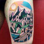 What a beautiful cityscape. Tattoo by Luca Font (Via IG - lucafont) #LucaFont #art #abstract #cubism #fineart #surrealism