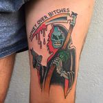 The Reaper Knows All by Keir Mcewan #KeirMcewan #color #traditional #text #font #quote #reaper #scythe #blood #skull #death #gun #money #bitches #tattoooftheday