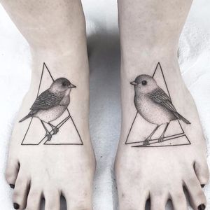 Little birds by Michele Volpi #MicheleVolpi #blackwork #dotwork #linework #birds #nature #feathers #wings #branch #triangle #shape #abstract #realism #realistic #tattoooftheday
