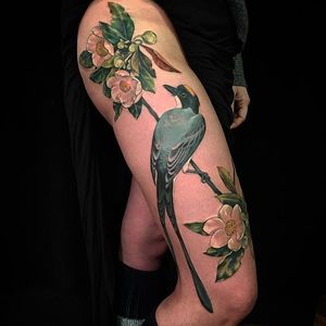Huge flowers and bird piece, by Stephanie Brown #StephanieBrown #flowertattoo #colourtattoo #bird #flower