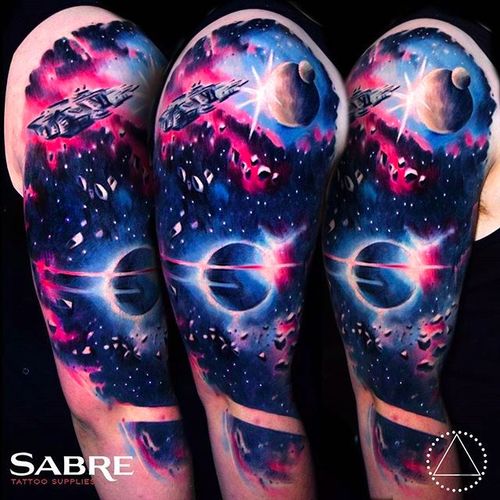 Spacecraft and Galaxy Tattoo by Saga Anderson @inkbysaga #SagaAnderson #InkbySaga #Realistic #Galaxy #Cosmic #Universe #Stars #Planets #Spacecraft #Realismclub