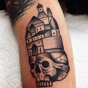 Rad composition: Solid Castle atop a skull, tattoo by Nate Kemr. #NateKemr #blackwork #skull