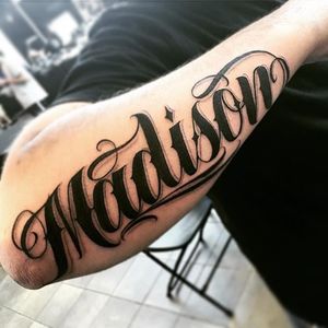 Madison Tattoo by Saul Lira #script #scripttattoo #lettering #letteringtattoo #letteringtattoos #customlettering #scriptartist #LAtattoos #SaulLira