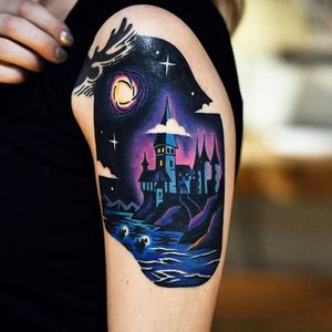 Tattoo by David Cote @thedavidcote #space #color #castle #mansion #moon #unique