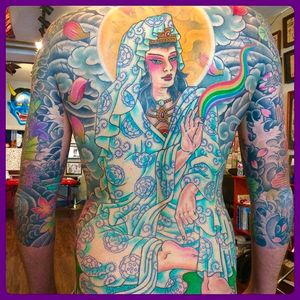 Massive and intricate Quan Yin back tattoo done by Jason Brooks. #JasonBrooks #GreatWaveTattoo #boldtattoos #TraditionalTattoo #QuanYin #backtattoo