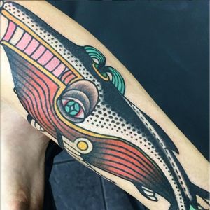 A wonderfully psychedelic whale tattoo by Deno (IG—denotattoo). #Deno #streetart #surreal #traditional #trippy #whale