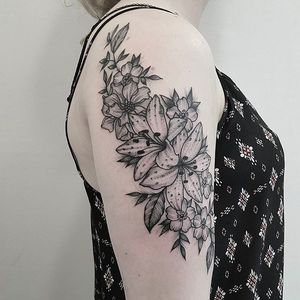 Pretty half sleeve tattoo by Gordon at Frontier Tattoo Parlour #Floral #Blackwork #halfsleeve #Gordon #FrontierTattooParlour