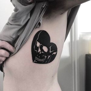 Skull in a black Heart Tattoo by Johnny Gloom @JohnnyGloom #JohnnyGloom #Black #Blackwork #BlackTattoo #Paris #black #heart #skull