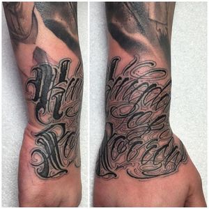 'Kingdom of Sorrow' lettering wrist tattoo by Anrijs Straume. #lettering #wording #blackandgrey #blackwork #AnrijsStraume