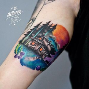 Peaceful Watercolor Tattoo of a home by Martyna Popiel @Martyna_Popiel #MartynaPopiel #Watercolor #Watercolortattoo #scenetattoo #scenery #home