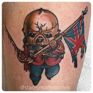 Eddie the Head kewpie doll tattoo by Stacey Martin Smith. #kewpie #kewpiedoll #EddieTheHead #StaceyMartinSmith #IronMaiden