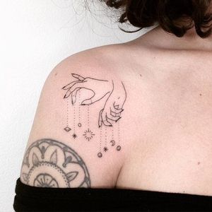Hand poke lady tattoo by Tati Compton. #TatiCompton #handpoke #women #lady #fineline #linework #cosmic #galaxy #solarsystem