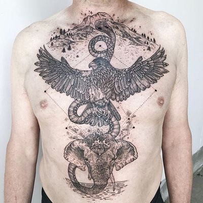 Blackwork chest piece by Pony Reinhardt #PonyReinhardt #blackwork #geometry #nature #elephant #falcon #snake #Ganesha #Horus #tattoooftheday