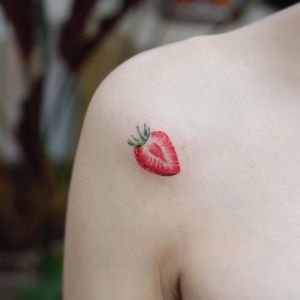 Strawberry tattoo by Saegeemtattoo #Saegeemtattoo #foodtattoos #color #realism #realistic #hyperrealism #strawberry #fruit #cute