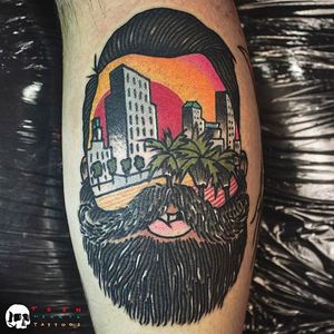 Bearded Man and Sunny City Faceless Tattoo by @TeenHeartsTattoos #Teenheartstattoos #Faceless #Facelesstattoos #Neotraditional #Neotraditionaltattoos #SantaAna #California #Beardedman #city
