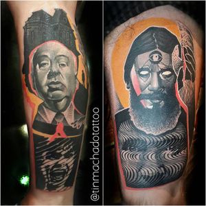 Hitchcock and Rasputin tattoos by Tin Machado #TinMachado #graphic #Hitchcock #Rasputin #portrait