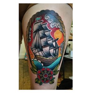 Ship tattoo #AlicePerrin #ship #rose #traditional (Photo: Instagram @alish_p)