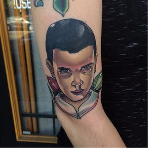 Neotraditional Stranger Things' Eleven tattoo by Ulysses Blair. #UlyssesBlair #neotraditional #portrait #strangerthings #eleven #milliebobbybrown #tvshow #netflix #popculture