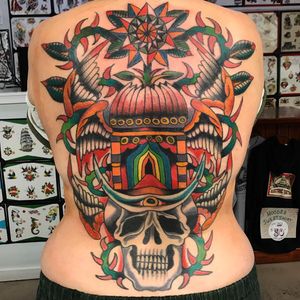 Tattoo by Robert Ryan #RobertRyan #color #traditional #Hindu #surreal #mandala #skull #temple #thorns #wings #feathers #nature #flower #floral #skull #death #thirdeye