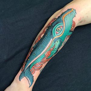 Whale by Deno #Deno #color #newschool #newtraditional #whale #oceanlife #waves #ocean #animal #nature #tattoooftheday