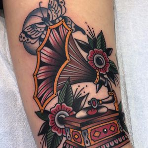 Gramophone by Matt Cannon #MattCannon #blackandgrey #color #traditional #butterfly #moon #flower #leaves #gramophone #recordplayer #record #music #musictattoo #cute #dotwork #vintage #tattoooftheday