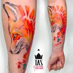 Por Rodrigo Tas! #RodrigoTas #TatuadoresBrasileiros #Aquarela #Watercolor #pontilhismo #dotwork #raposa #fox