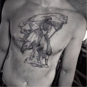 Engraving tattoo by Robert A. Borbas #RobertABorbas #blackwork #blckwrk #macabre #engraving #horse #grimreaper