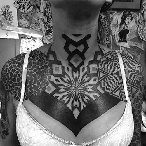 Bold chest tattoo by Rachel M. Köng #RachelMKöng #geometric #dotwork #blackwork #ornamental