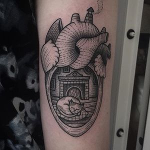 Fireplace Heart Tattoo by Susanne König #heart #anatomicalheart #dotwork #illustrative #SusanneKonig