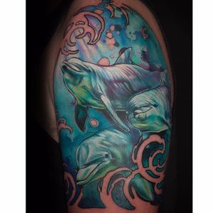 Pod of dolphins. Tattoo by Maija Arminen. #realism #colorrealism #MaijaArminen #dolphin