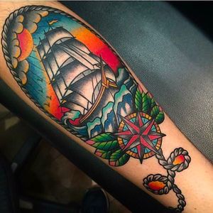 Awesome nautical themed tattoo by Simon Blay. #SimonBlay #TLCtattoo #TraditionalLondonClan #boldtattoos #compass #galleon #ship
