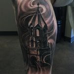 Black and grey church tattoo by Miguel Camarillo. #blackandgrey #realism #MiguelCamarillo #church #religion