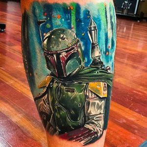 Insane looking Boba Fett tattoo done by Gary Parisi. #GaryParisi #starwars #theforce #painterlystyle  #bobafett #bountyhunter