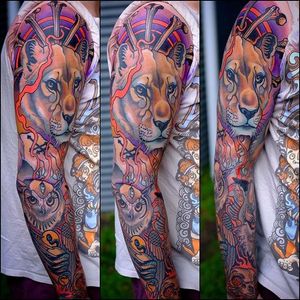Bold neo traditional animal sleeve by Sam Clark. #sleeve #neotraditional #SamClark #animals #bird #owl #bigcat #lion