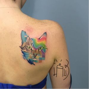 Cat tattoo by Lesha Lauz. Photo: Instagram. #cat #pixel #LeshaLauz #color #rainbow