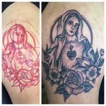 Virign Mary Tattoo by Max Kuhn #virginmary #freehand #freehandtraditional #traditional #drawnon #nostencil #oldschool #traditionalartist #MaxKuhn