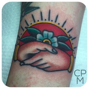 Clean and bold handshake tattoo done by CP Martin. #CPMartin #thedarlingparlour #sydney #traditionaltattoos #handshake