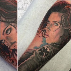 Black Widow Tattoo by Marielle Royseth #BlackWidow #AvengersTattoo #MarvelTattoo #ScarlettJohansson #Portrait #MarielleRoyseth