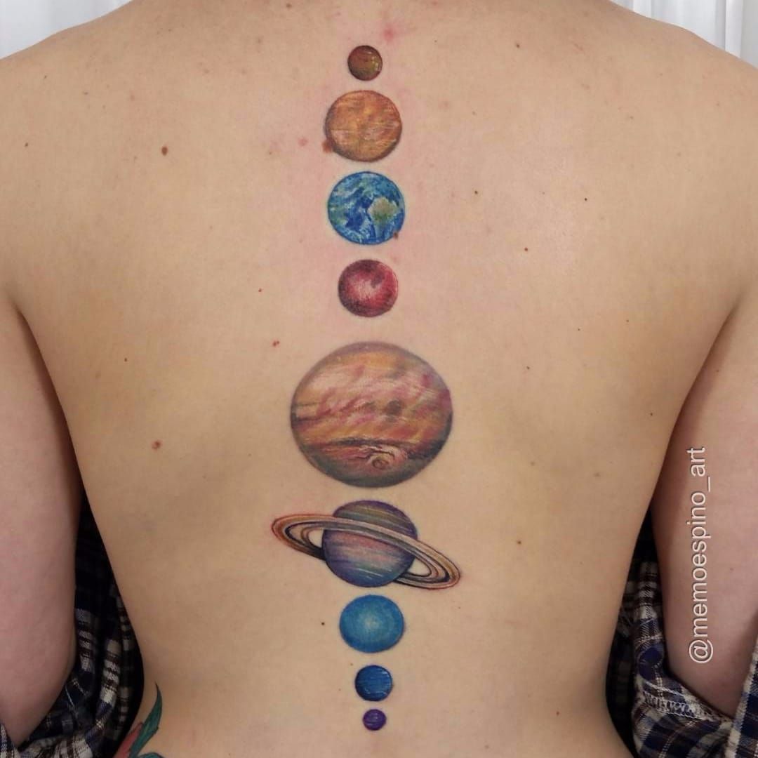 Tattoo uploaded by Tattoodo  Spine Solar System by Memo Espino MemoEspino  color watercolor planets Earth jupiter saturn Venus realism  realistic galaxy lunar solarsystem tattoooftheday  Tattoodo