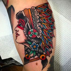 Beautiful native girl head tattoo by Ben Hastings. #benhastings #traditionaltattoo #girl