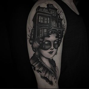 Blackwork manor portrait tattoo by Tyler Allen Kolvenbach. #TylerAllenKolvenbach #blackwork #manor #house #dark #grim #portrait #woman #victorian